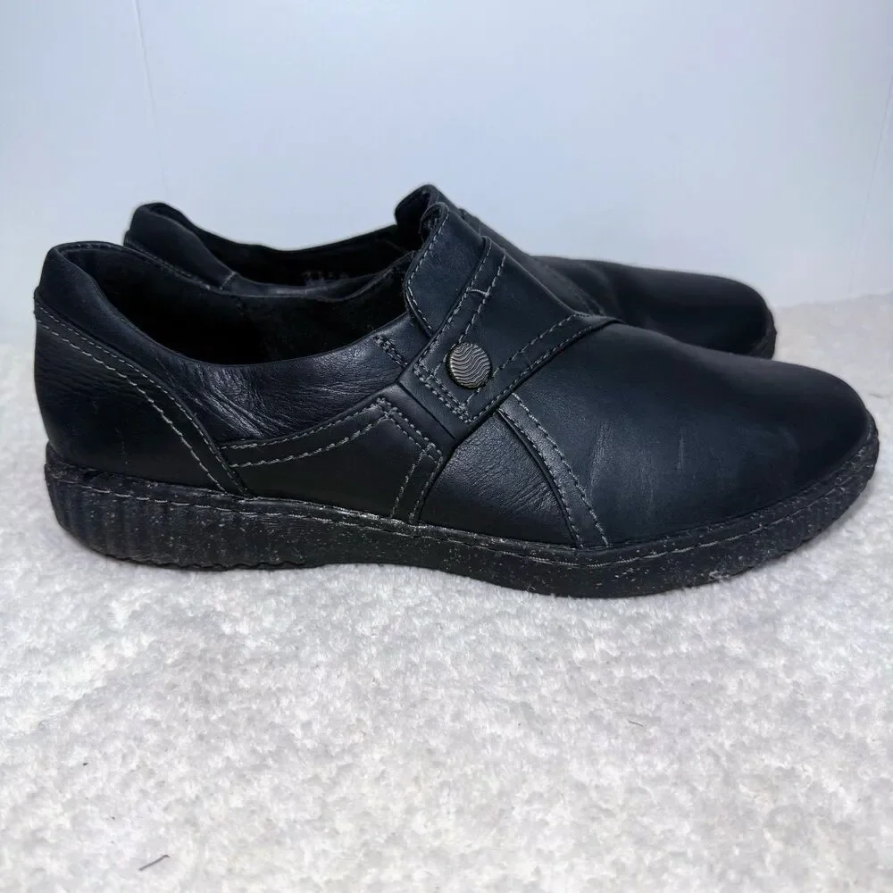 Clarks Leather Shoes Women's 11 Black Caroline Pearl Pull On Loafers Cushioned